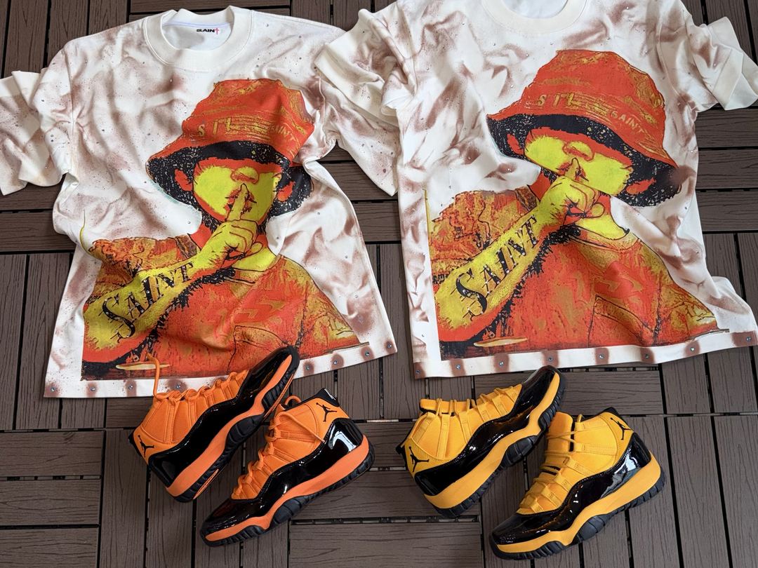 Combo Shhh: Camiseta naranja + Jordan 11 naranja y amarillo
