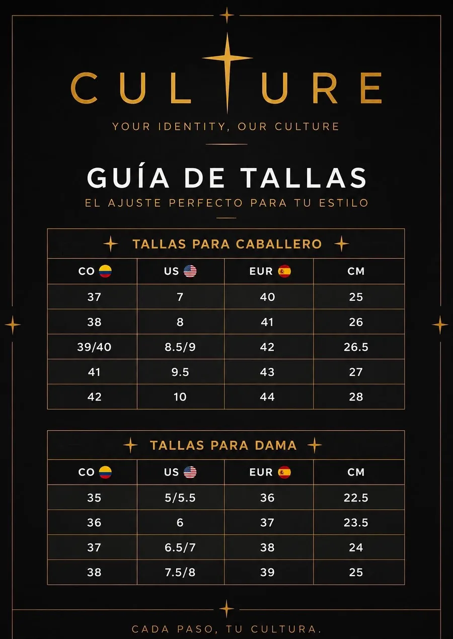 Guía de tallas de Culture: equivalencias entre talla colombiana, US, europea y centímetros, para caballero y para dama